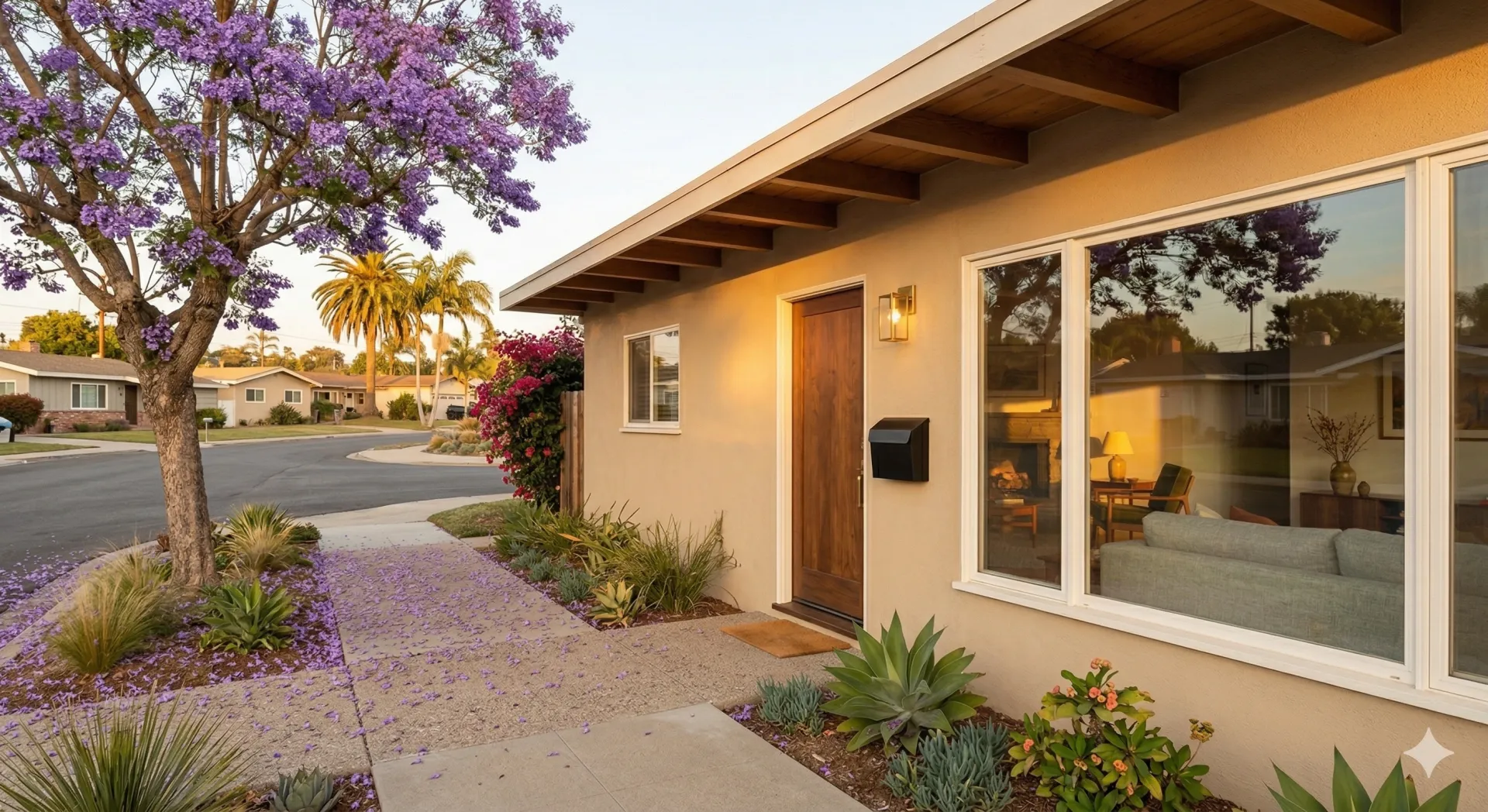 Mid-century home exterior at warm golden hour