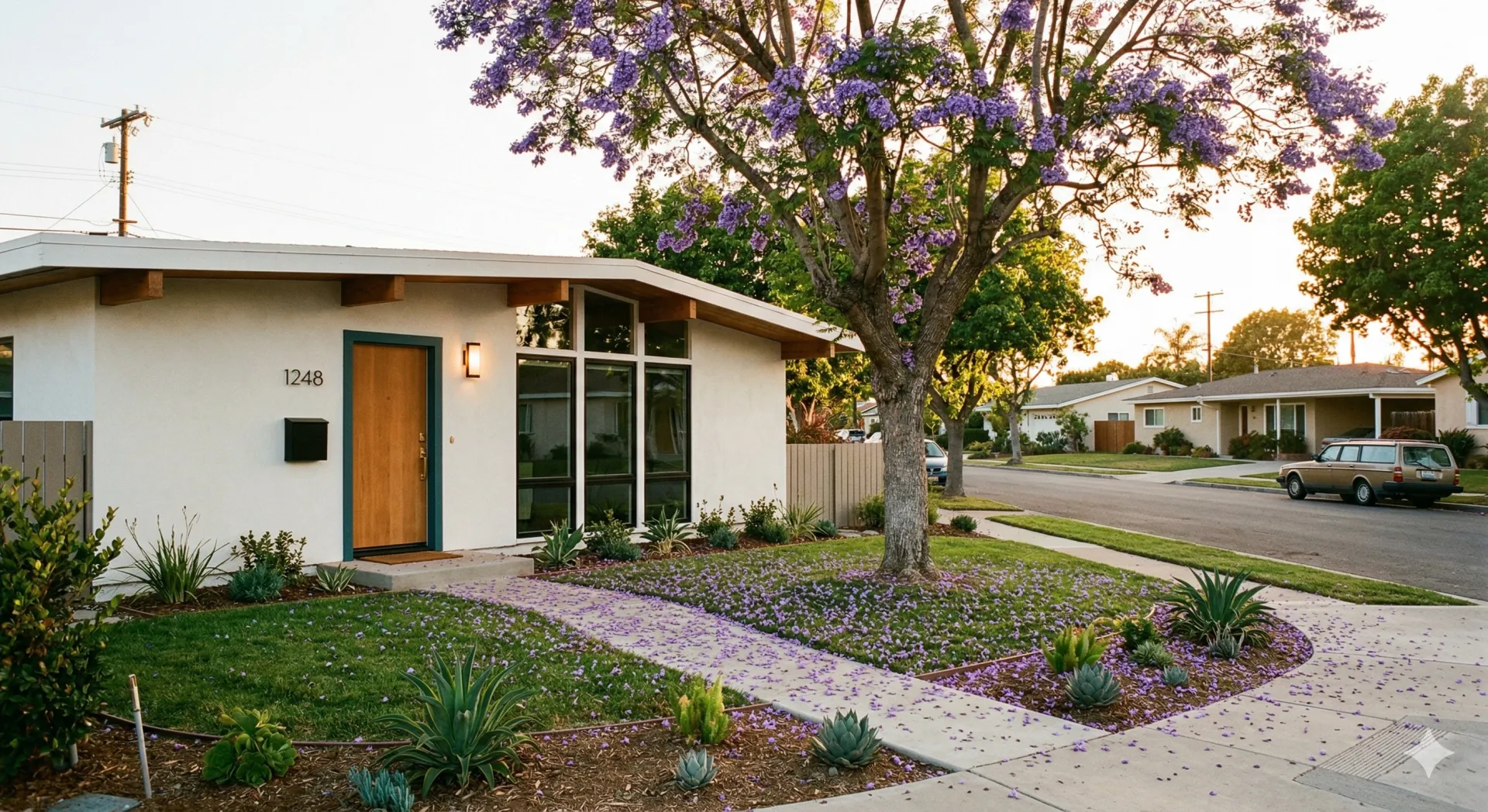 Mid-century neighborhood with jacaranda tree at golden hour