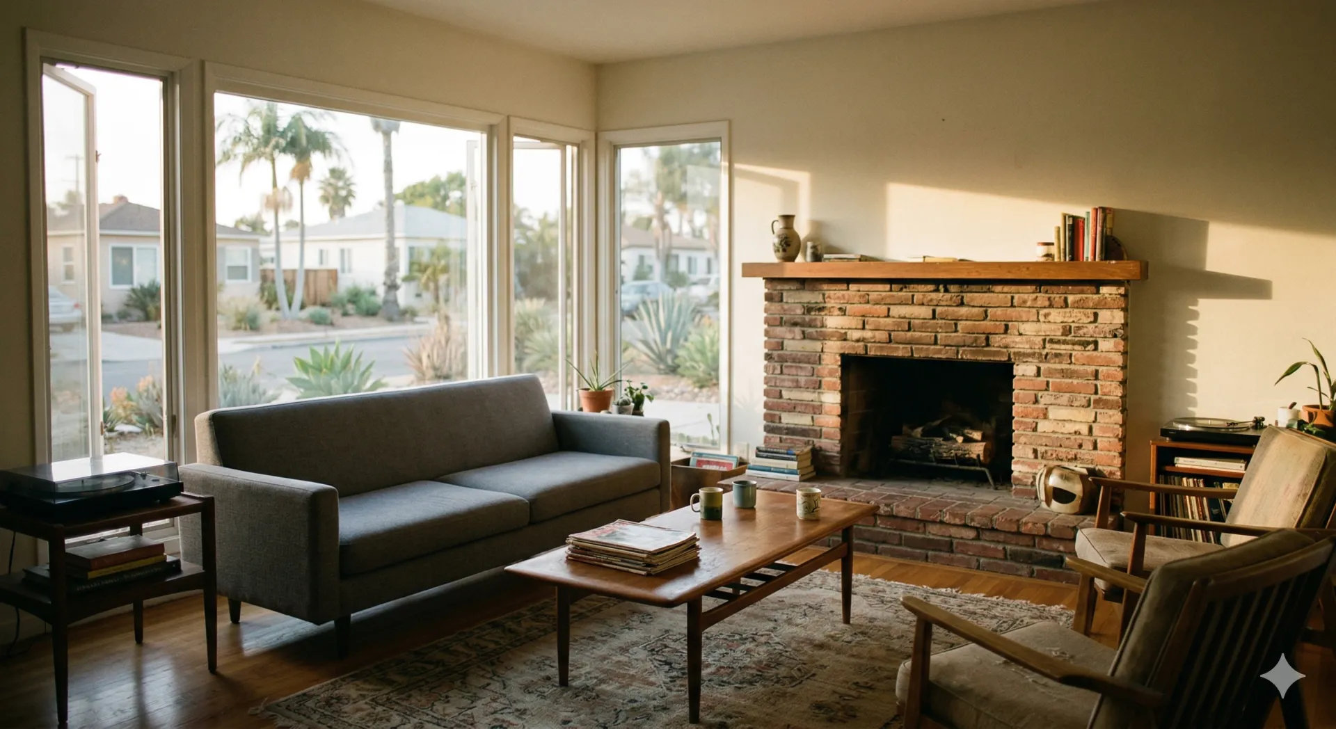 Sunlit mid-century living room with brick fireplace and palm tree view